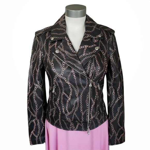 L'AGENCE black leather classic biker chain print moto jacket Size S NEW Sample - Picture 1 of 5